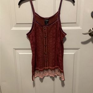 Daytrip Buckle Womans Tank Top Spaghetti Straps Med SemiSheer maroon loose knit